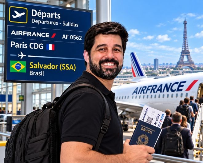Secretário que ordenou retenção de ônibus volta de Paris usando boné em avião